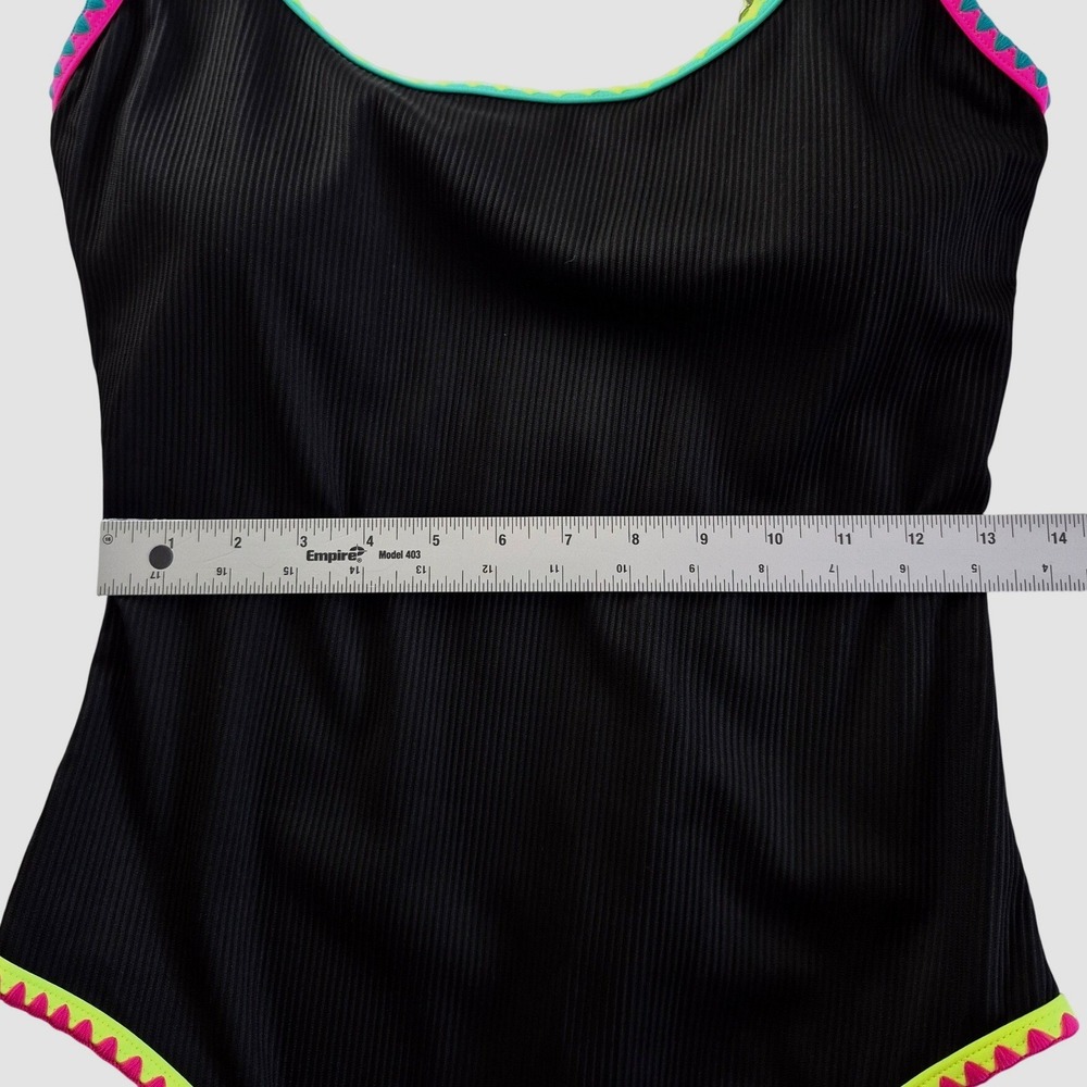 Popvil Womens One Piece Swimsuit Black Ribbed Neon Ric Rac Trim Size Large - Picture 3 of 7